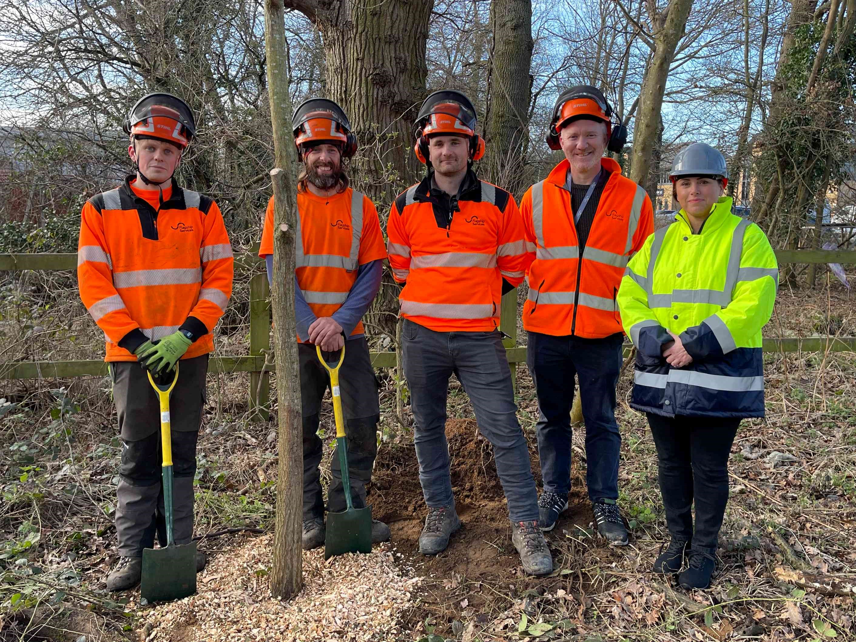 Flagship Group staff at the site of the tree transfer in Bury St Edmunds