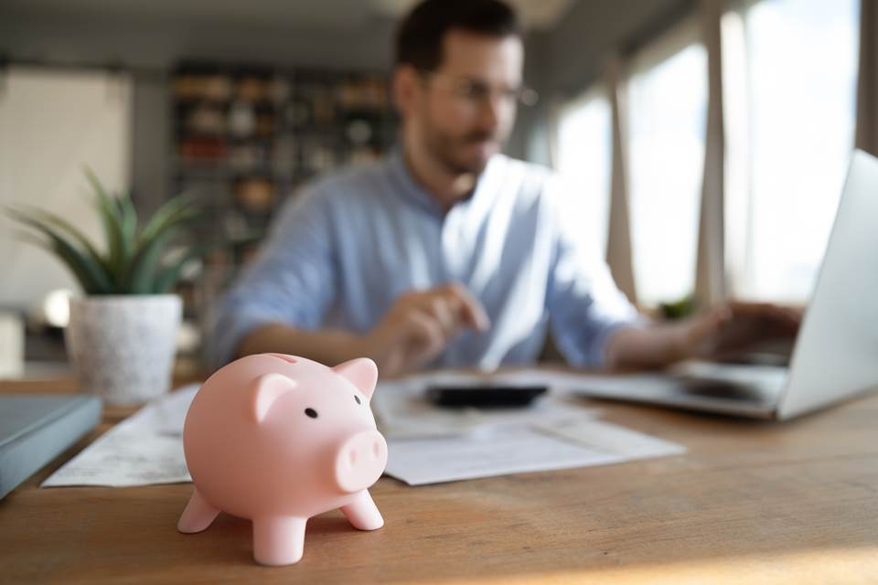 Person on a computer with piggy bank in front of them